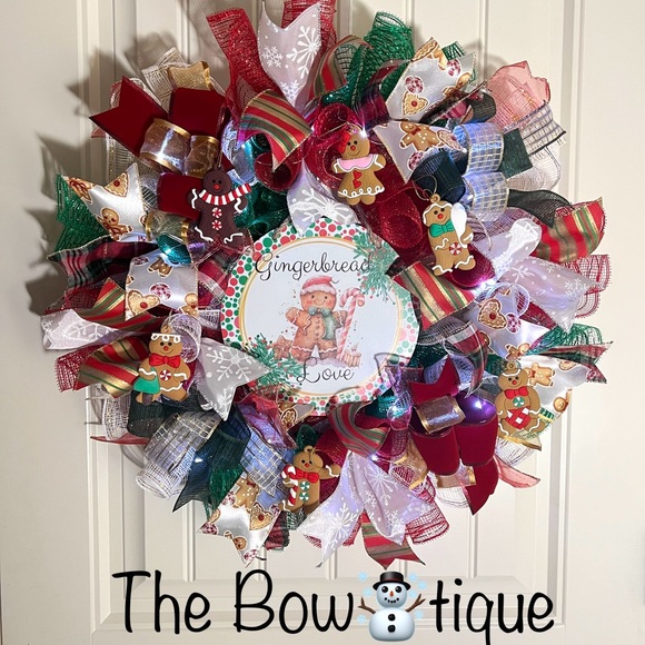 Handmade Gingerbread Love Christmas Holiday Ribbon Door Wreath 22 ins W56 - Picture 1 of 13